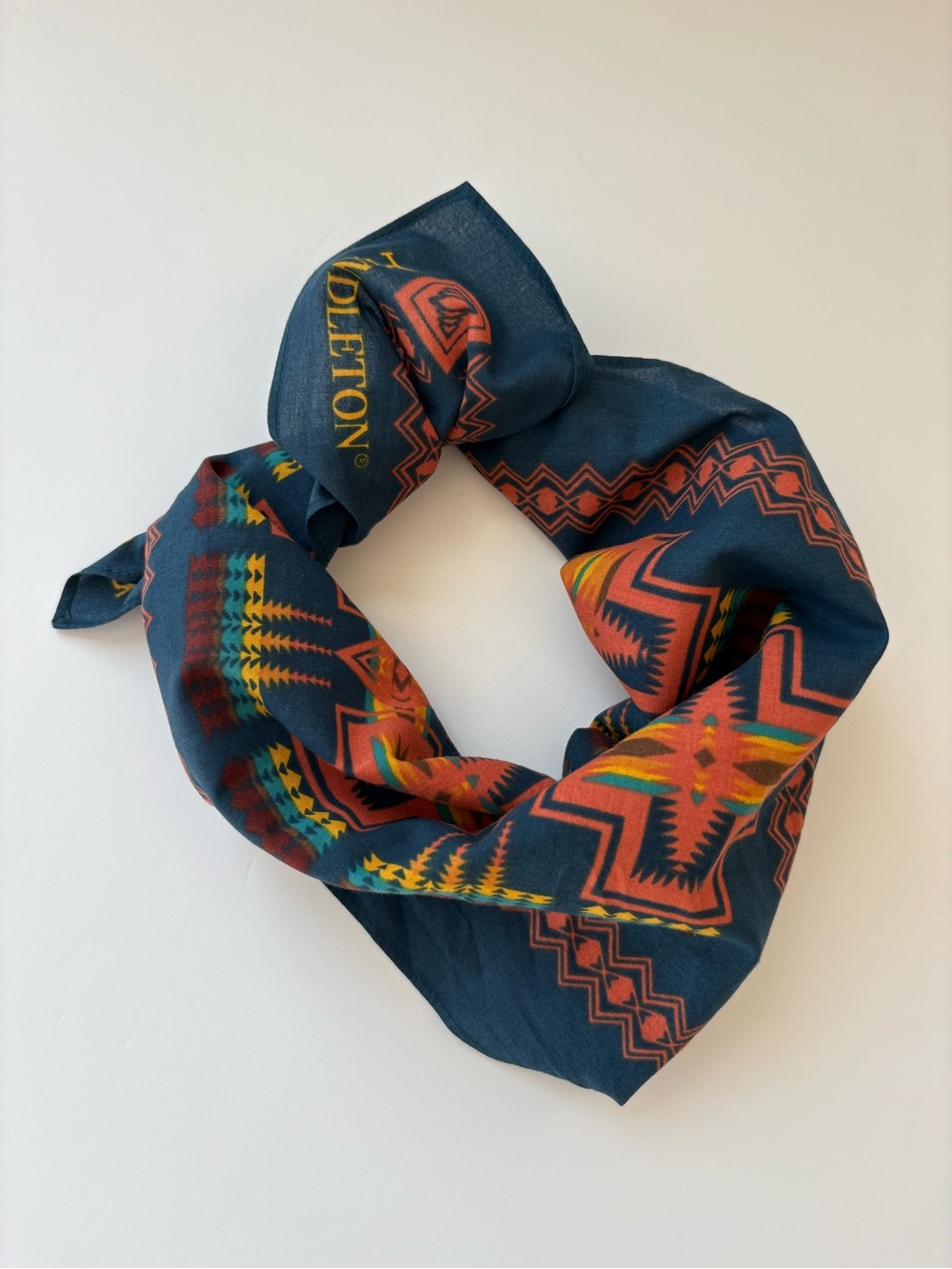 Pendleton Navy Cotton Bandana with Red, Orange and Yellow Native American Motif - Picture 2 of 7